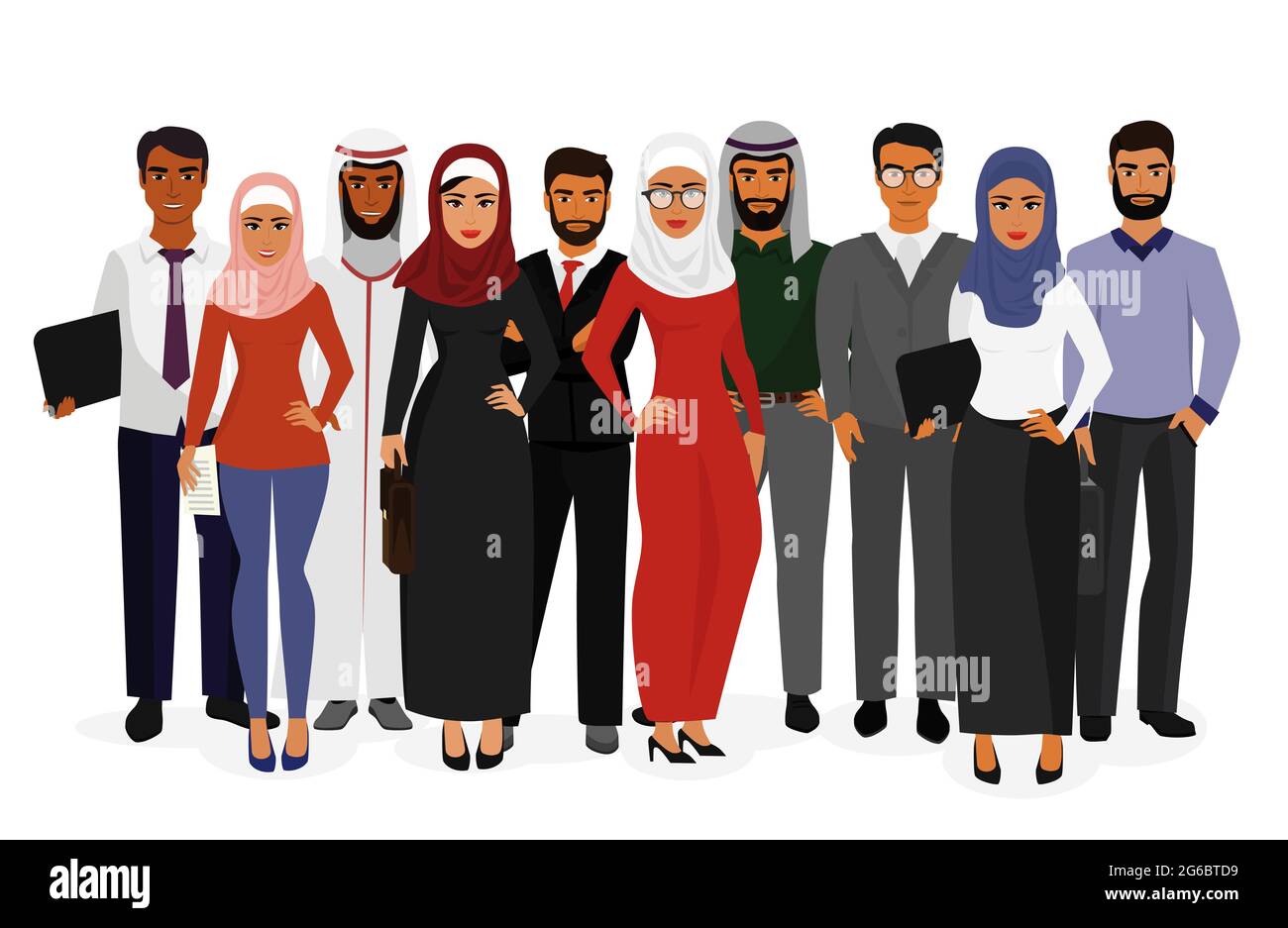 Illustration vectorielle de l'homme et de la femme arabes du groupe hommes d'affaires debout ensemble dans des vêtements islamiques traditionnels sur fond blanc, dans un style plat Illustration de Vecteur Illustration vectorielle de l'homme et de la femme arabes du groupe hommes d'affaires debout ensemble dans des vêtements islamiques traditionnels sur fond blanc, dans un style plat Illustration de Vecteur