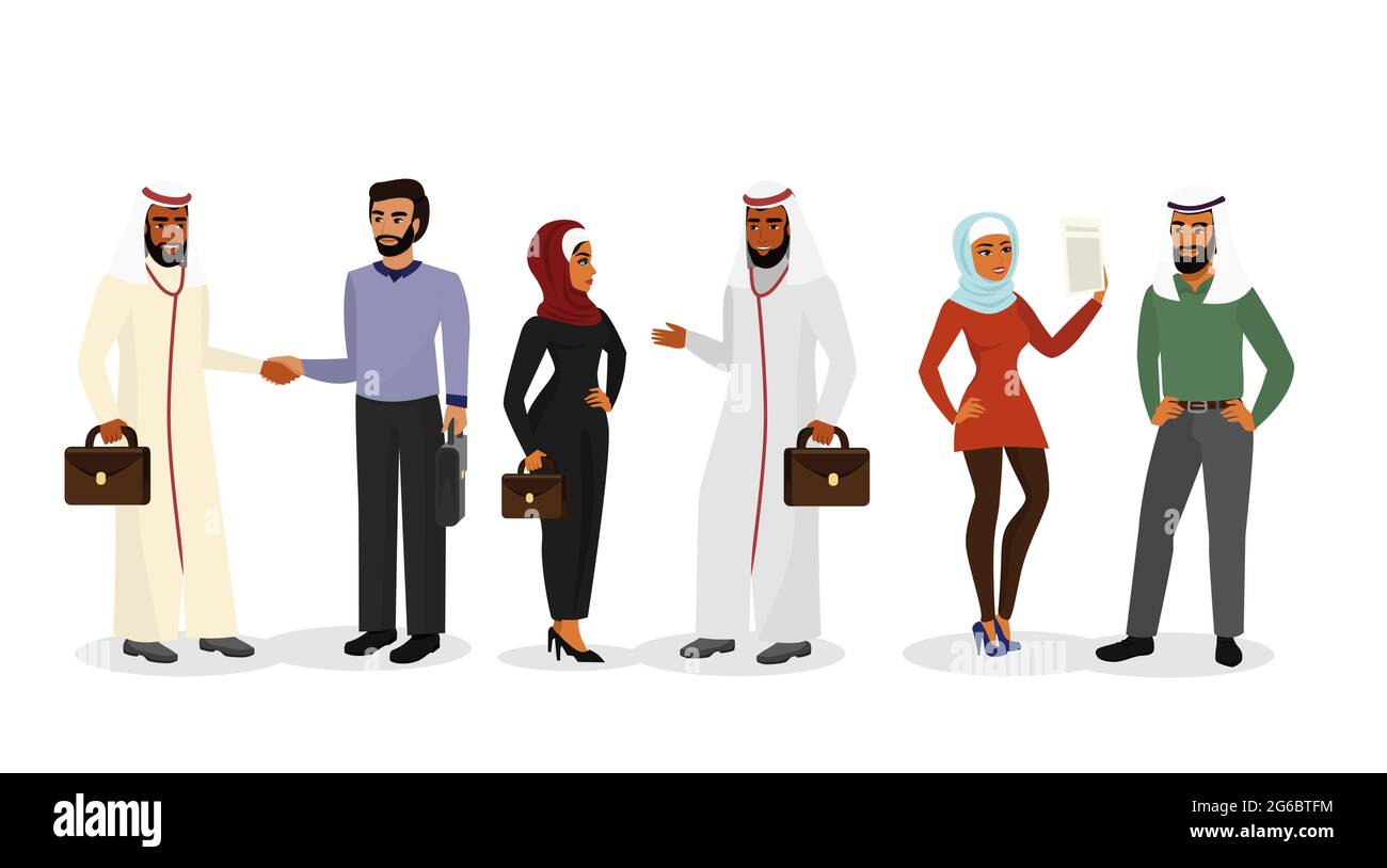 Illustration vectorielle de dessins animés hommes et femmes arabes dans différents vêtements et personnages, hommes d'affaires et femmes d'affaires musulmans debout, parlant, souriant Illustration de Vecteur