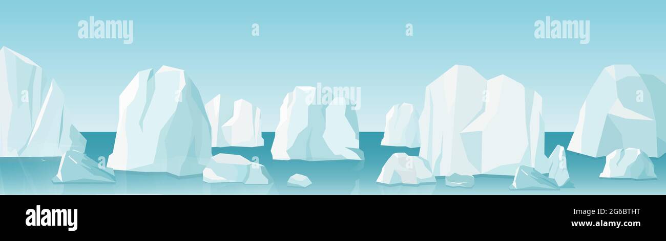 Illustration vectorielle du paysage arctique dans un style de dessin animé plat. Nature hiver paysage de glace arctique avec beaucoup de icebergs, de montagnes enneigées et de collines. Illustration de Vecteur