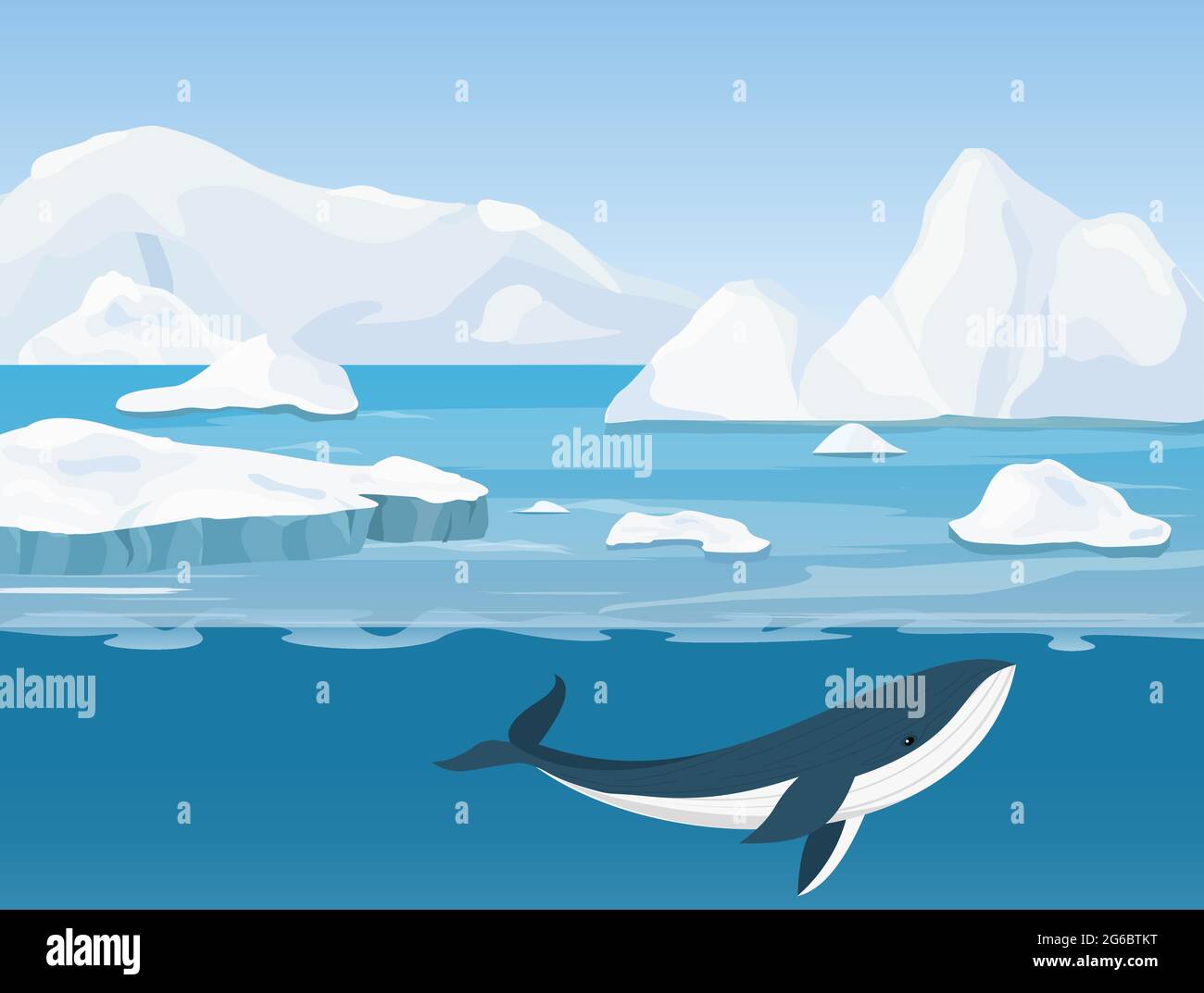 Illustration vectorielle du magnifique paysage arctique de la vie du nord et de l'Antarctique. Icebergs dans l'océan et le monde sous-marin avec baleine dans un dessin animé plat Illustration de Vecteur