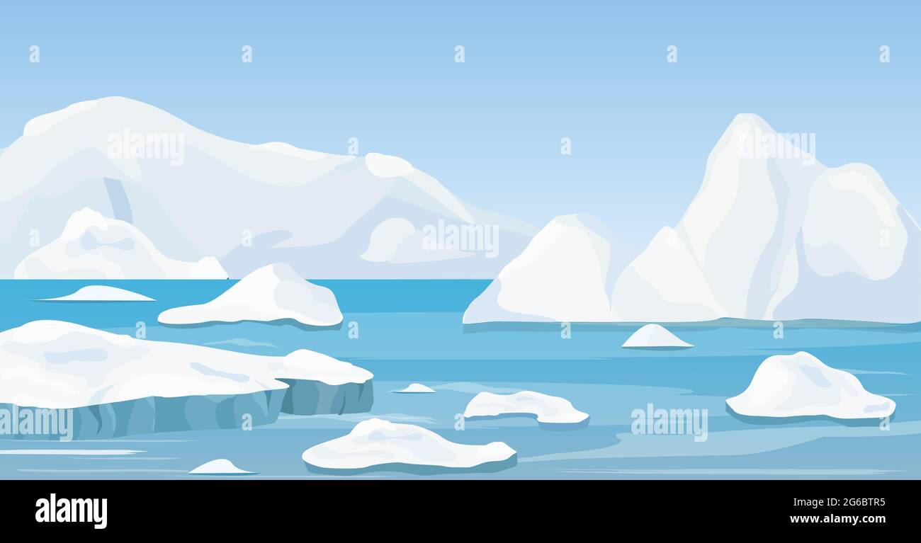 Illustration vectorielle de la nature de la bande dessinée hiver paysage arctique avec iceberg, eau pure bleue et collines enneigées, montagnes. Illustration de Vecteur
