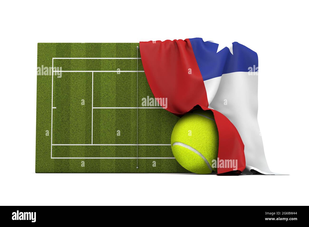 Drapeau du Chili drapé sur un court de tennis en herbe et un ballon. Rendu 3D Banque D'Images