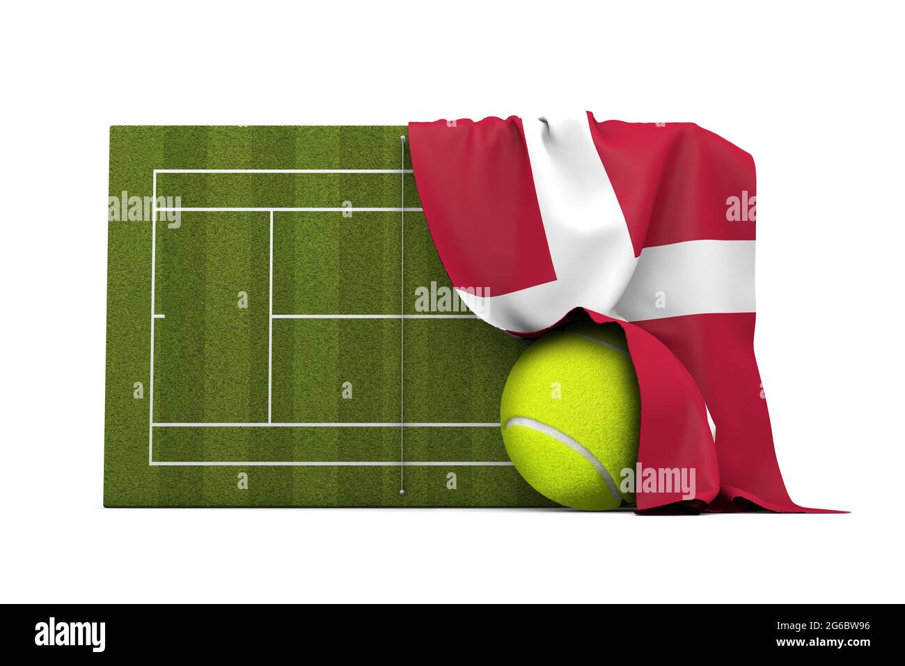 Drapeau du Danemark drapé sur un court de tennis en herbe et un ballon. Rendu 3D Banque D'Images