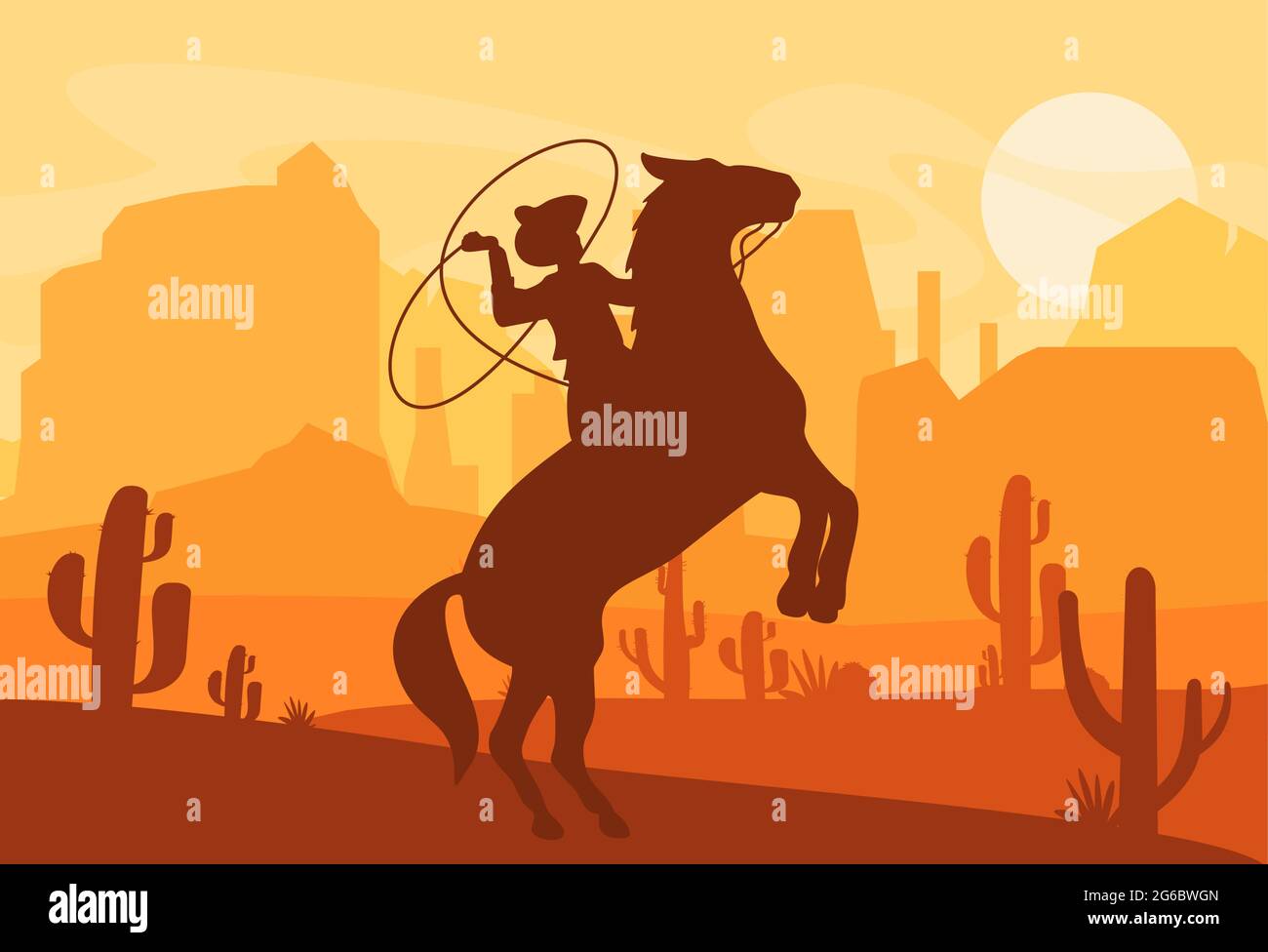 Illustration vectorielle de la silhouette d'un cow-boy qui attrape un cheval sauvage au coucher du soleil avec le magnifique désert du Texas de l'Ouest sauvage sur fond de style plat. Illustration de Vecteur