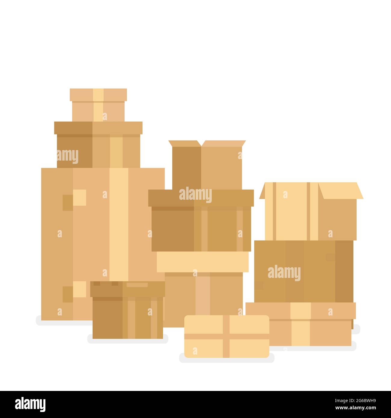 Illustration vectorielle pile de boîtes en carton de marchandises scellées empilées. Boîtes de livraison et conteneurs isolés sur fond blanc dans un style de dessin animé plat. Illustration de Vecteur