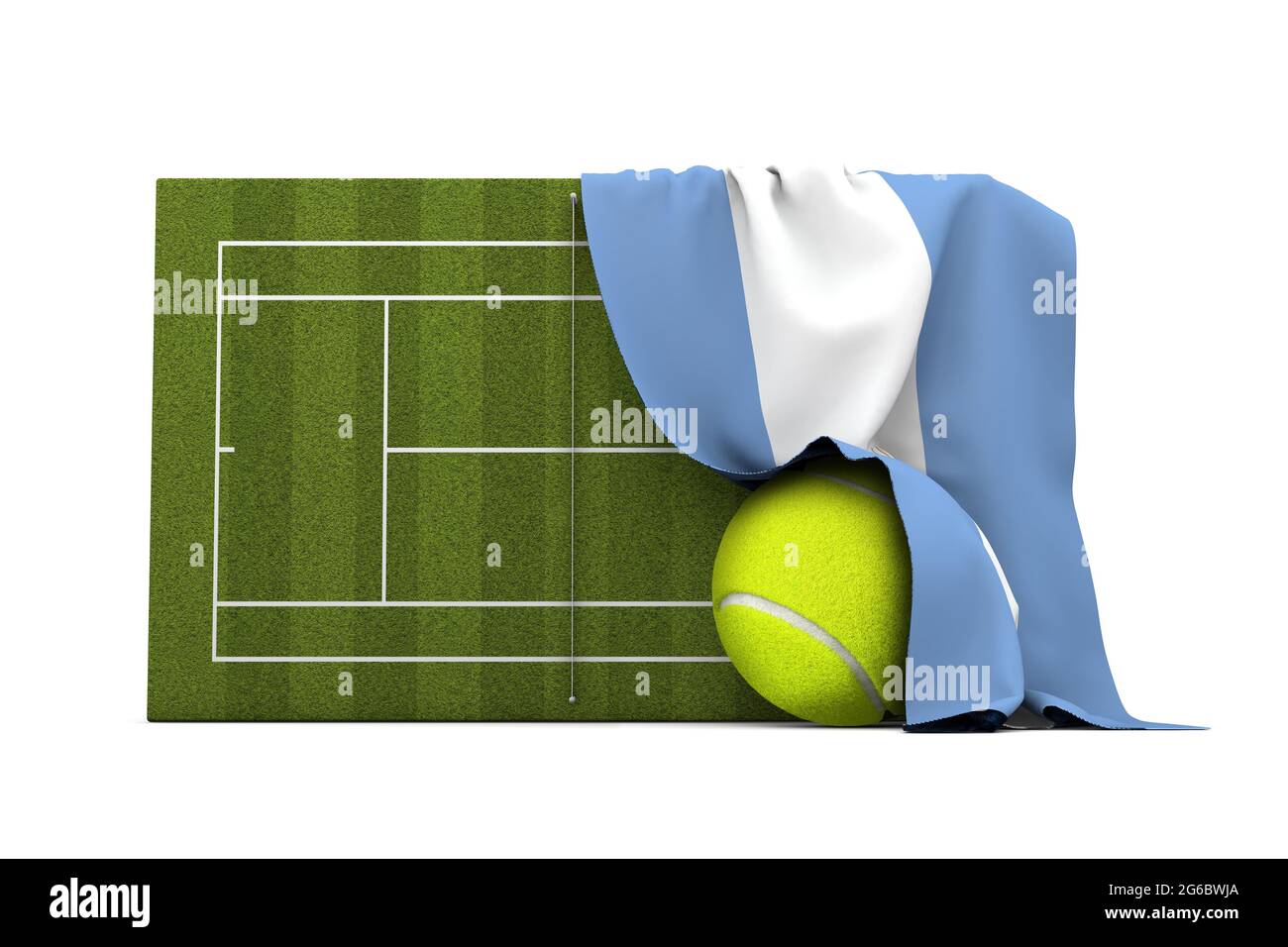 Drapeau argentin drapé sur un terrain de tennis en herbe et un ballon. Rendu 3D Banque D'Images