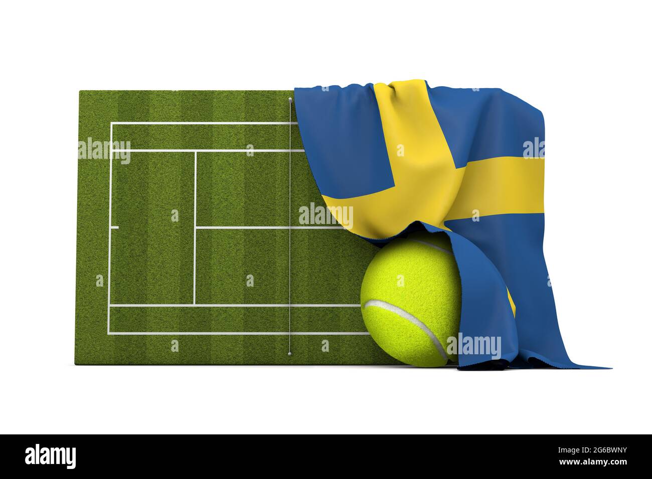 Drapeau suédois drapé sur un court de tennis en herbe et un ballon. Rendu 3D Banque D'Images