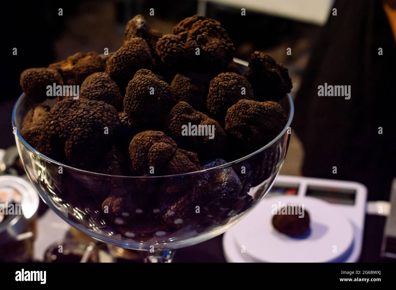 Truffes italiennes noires dans un bol en verre et un seul champignon sur une balance en arrière-plan Banque D'Images