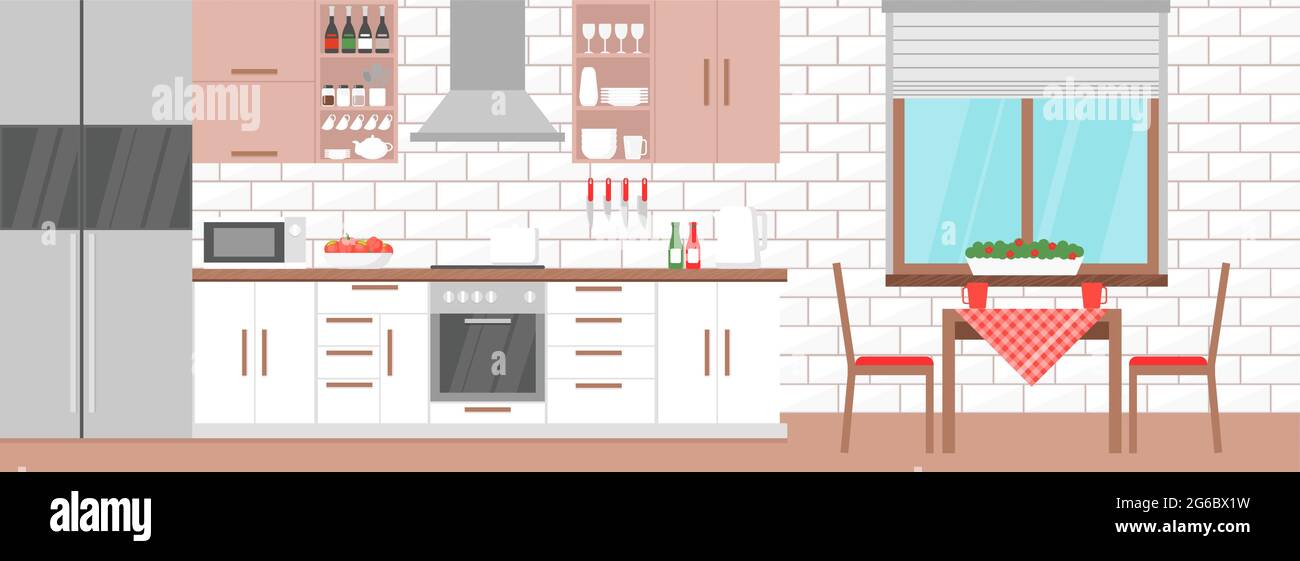 Illustration vectorielle de l'intérieur moderne de la cuisine avec table, cuisinière, placard, vaisselle dans des couleurs claires, design plat. Illustration de Vecteur