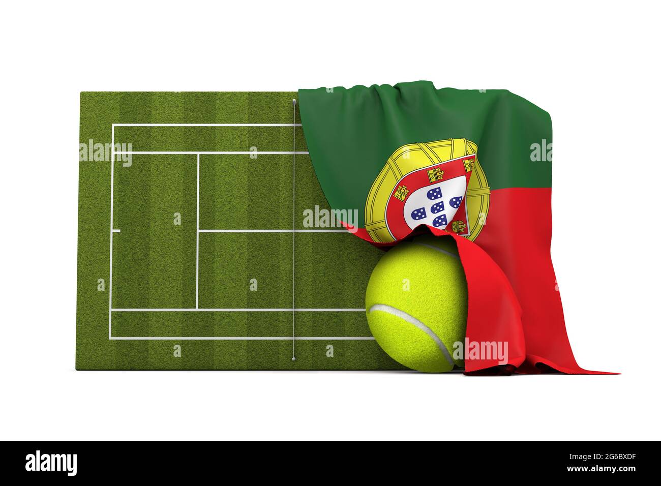 Drapeau du Portugal drapé sur un terrain de tennis en herbe et un ballon. Rendu 3D Banque D'Images