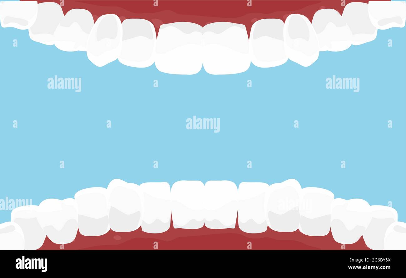 Illustration vectorielle de la bouche de dessin animé à l'intérieur avec des dents blanches. Fond d'hygiène dentaire de style plat sur fond bleu. Illustration de Vecteur