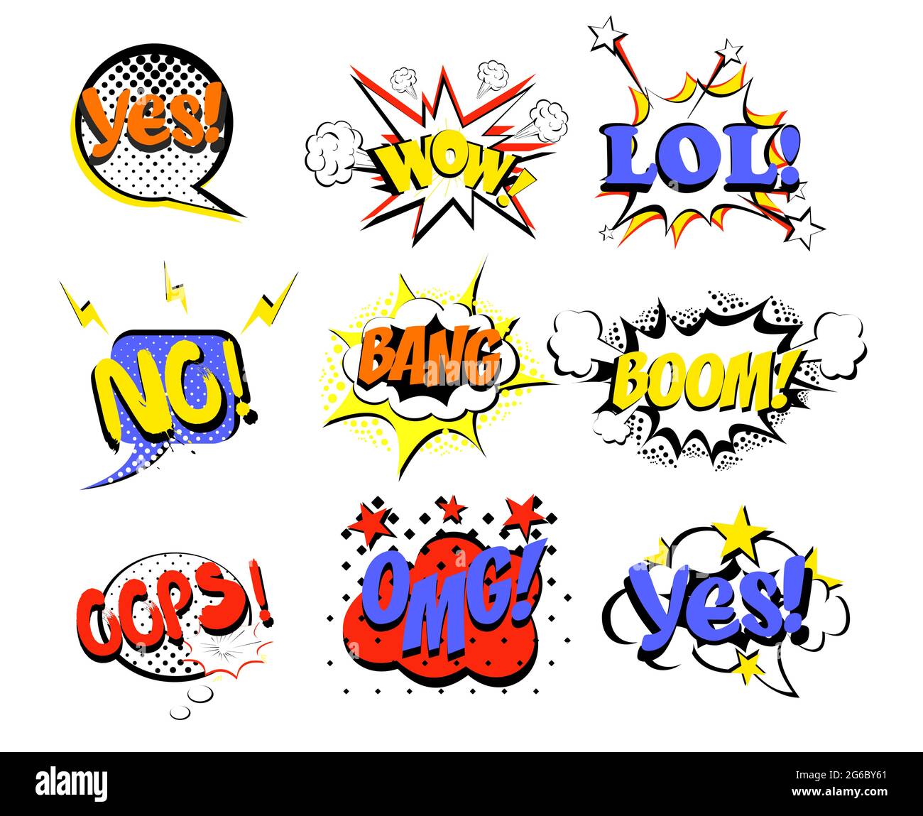Ensemble d'illustrations vectorielles de bulles de la bande dessinée rétro dans des couleurs vives sur fond blanc. LOL, NON, WOW, OUI, SOLDE, BOOM, OOPS pop art Illustration de Vecteur