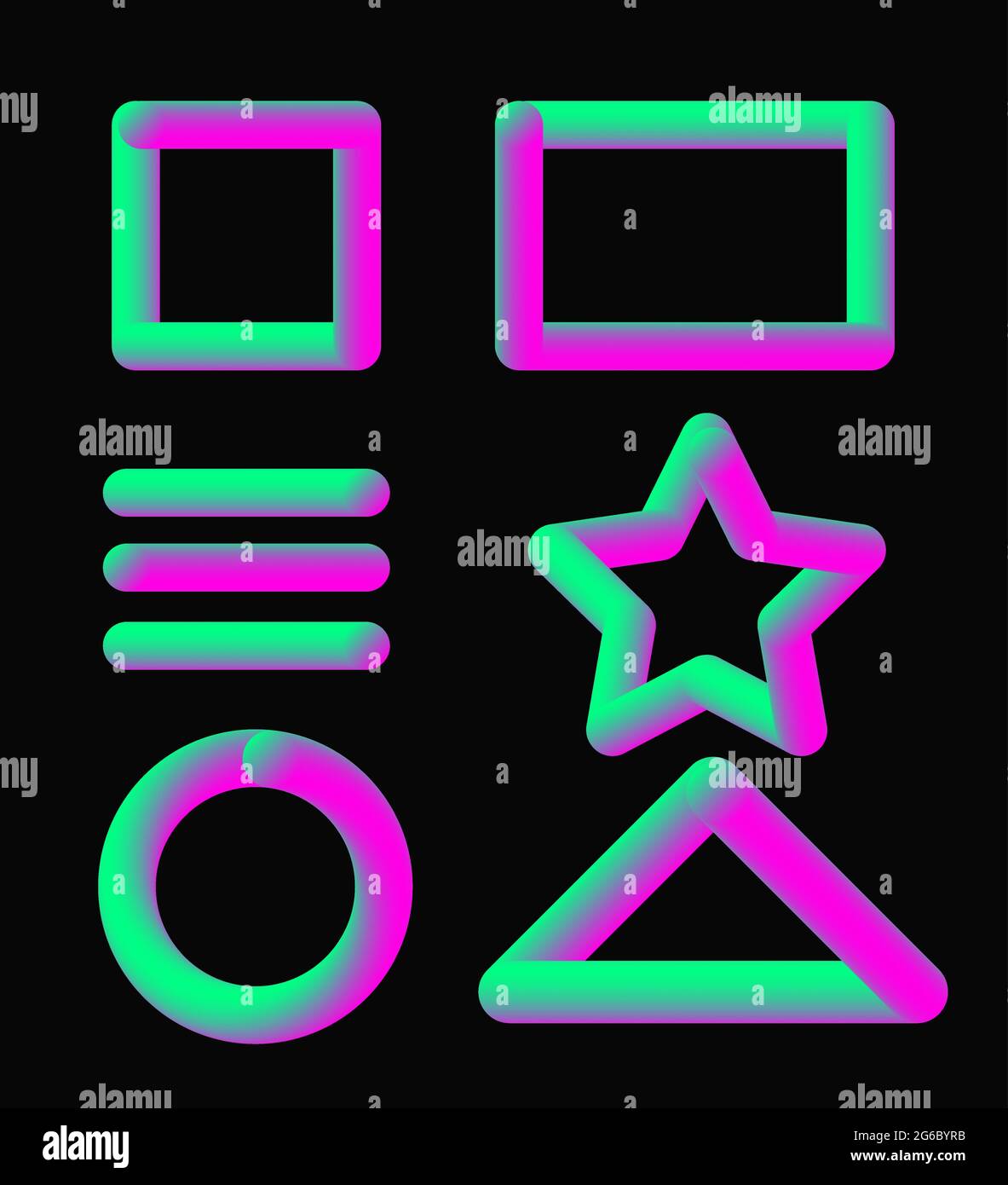 Ensemble d'illustrations vectorielles de cadres de bordure holographique volumétriques convexes multicolores sur fond blanc. Cercle, carré, triangle et autre simple Illustration de Vecteur