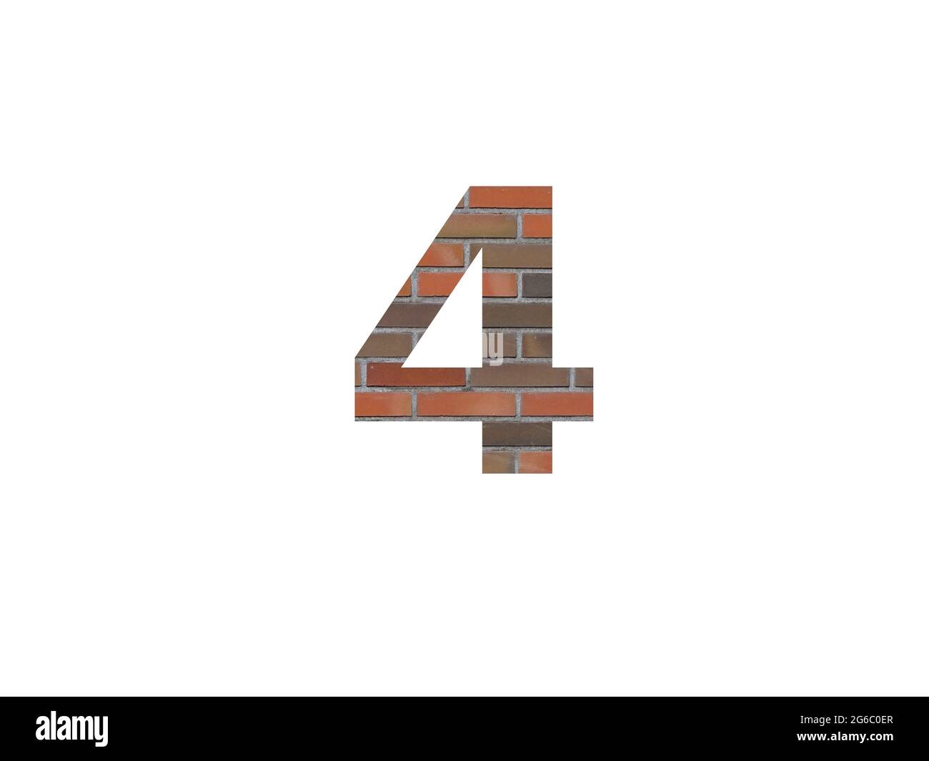 numéro 4 de l'alphabet fait avec mur de briques, en marron, orange, rouge gris et isolé sur un fond blanc Banque D'Images