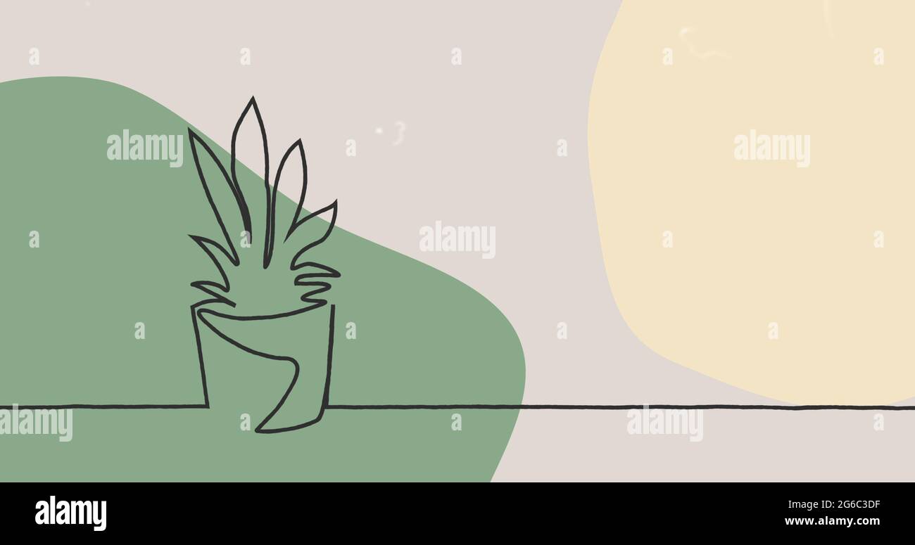 Image du dessin d'une plante avec un contour noir sur fond vert pastel et beige Banque D'Images