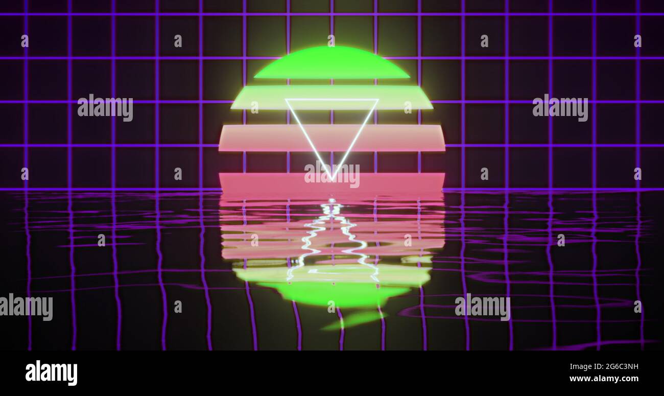 Image d'un triangle blanc sur un cercle vert à rouge brillant sur une grille violette reflétée dans l'eau Banque D'Images