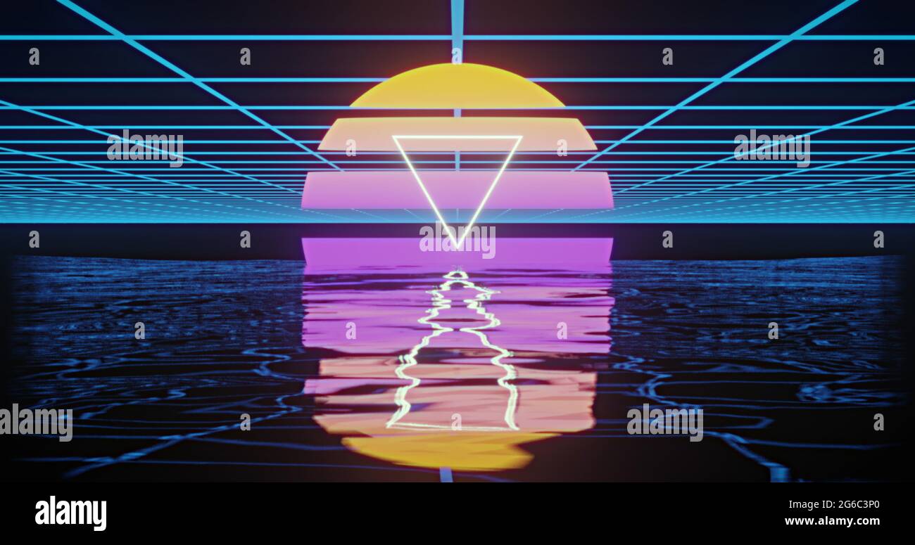Image d'un triangle blanc sur un cercle jaune à violet sur une grille bleue réfléchie dans l'eau Banque D'Images