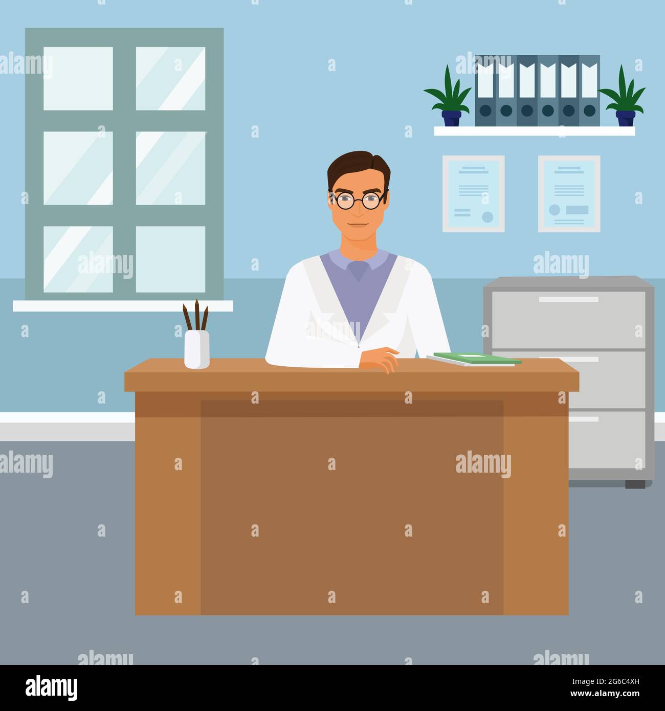 Illustration vectorielle portrait d'un jeune homme beau médecin à son bureau assis à son bureau et souriant. Joyeux médecin dans le style de dessin animé plat. Illustration de Vecteur Illustration vectorielle portrait d'un jeune homme beau médecin à son bureau assis à son bureau et souriant. Joyeux médecin dans le style de dessin animé plat. Illustration de Vecteur