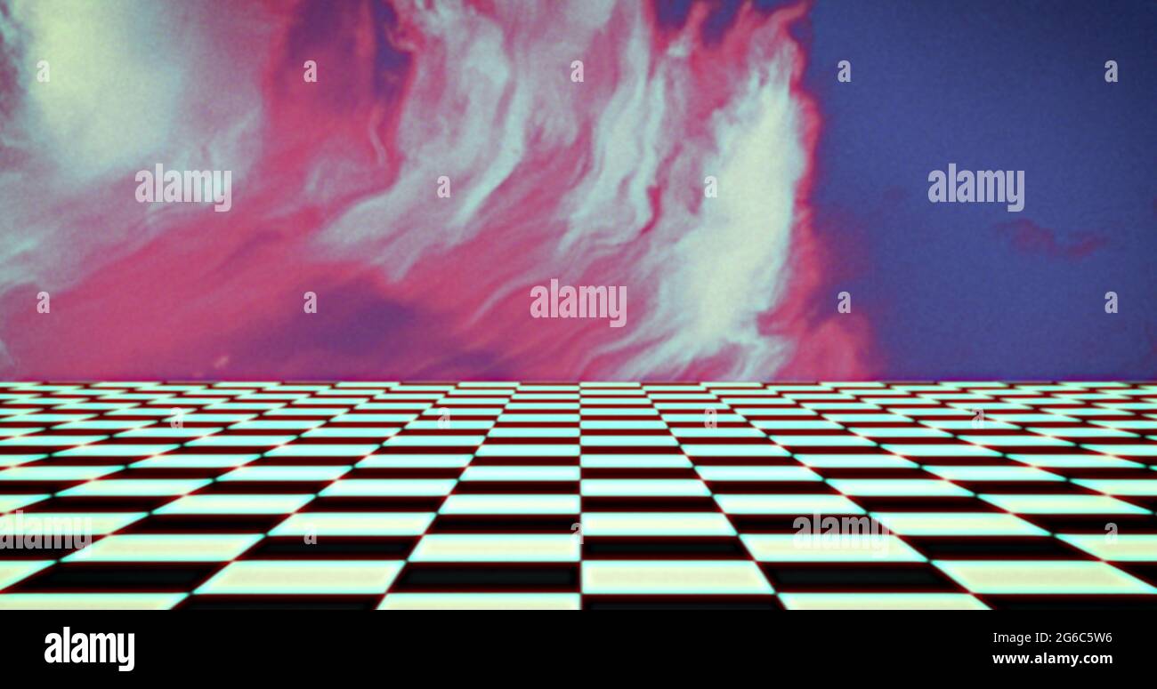 Le motif du damier se déplace contre la fumée rose sur fond bleu Banque D'Images
