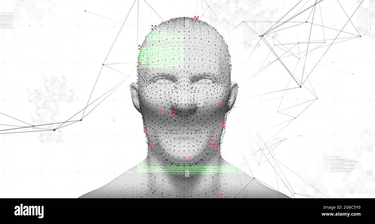 Le modèle à tête humaine tourne contre un réseau de connexions sur fond blanc Banque D'Images