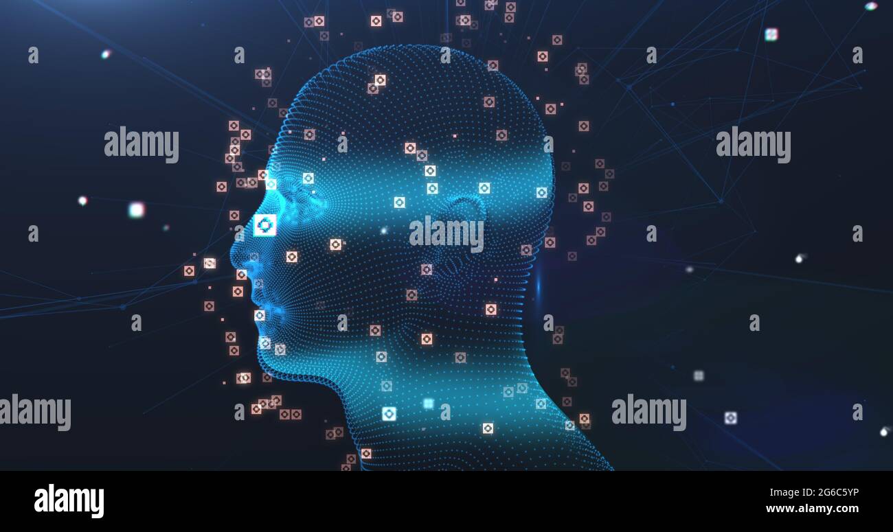Le modèle à tête humaine tourne contre un réseau de connexions sur fond bleu Banque D'Images