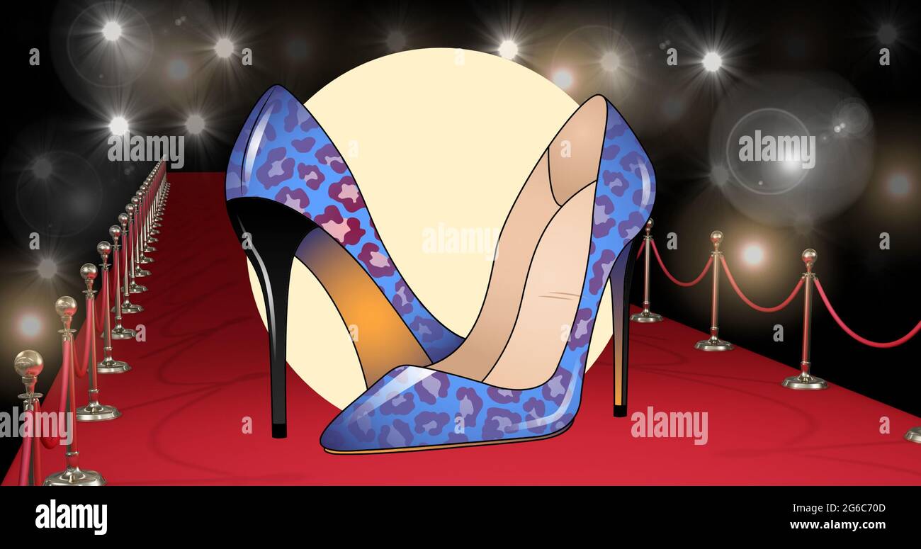 Composition de l'icône de chaussures sur le tapis rouge au défilé de mode,  sur fond noir Photo Stock - Alamy