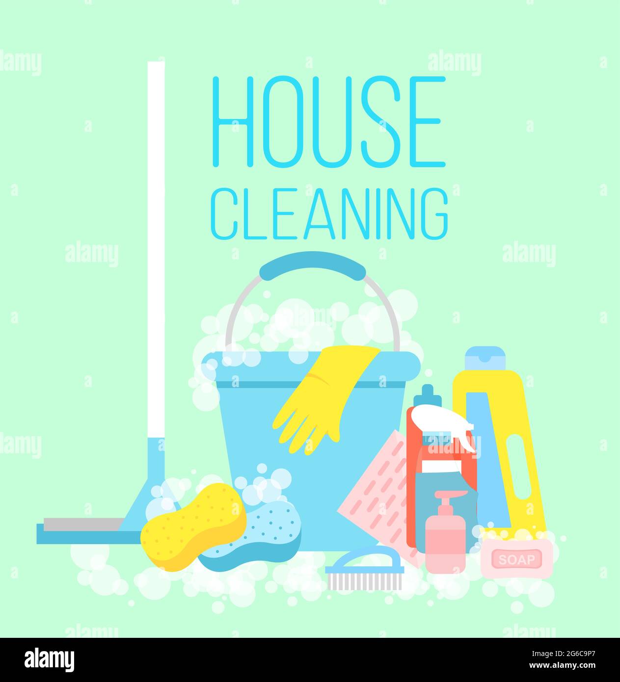 Illustration vectorielle du concept de nettoyage de la maison, de service de nettoyage. Des gants, une vadrouille, sont des moyens de nettoyage en tant que grattoir, brosse et seau bleu clair Illustration de Vecteur