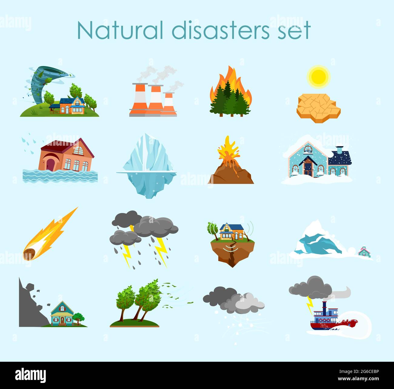 Illustration vectorielle collection d'icônes de couleur catastrophes naturelles sur fond bleu clair, ensemble d'éléments tempête, feu et ouragan. Illustration de Vecteur