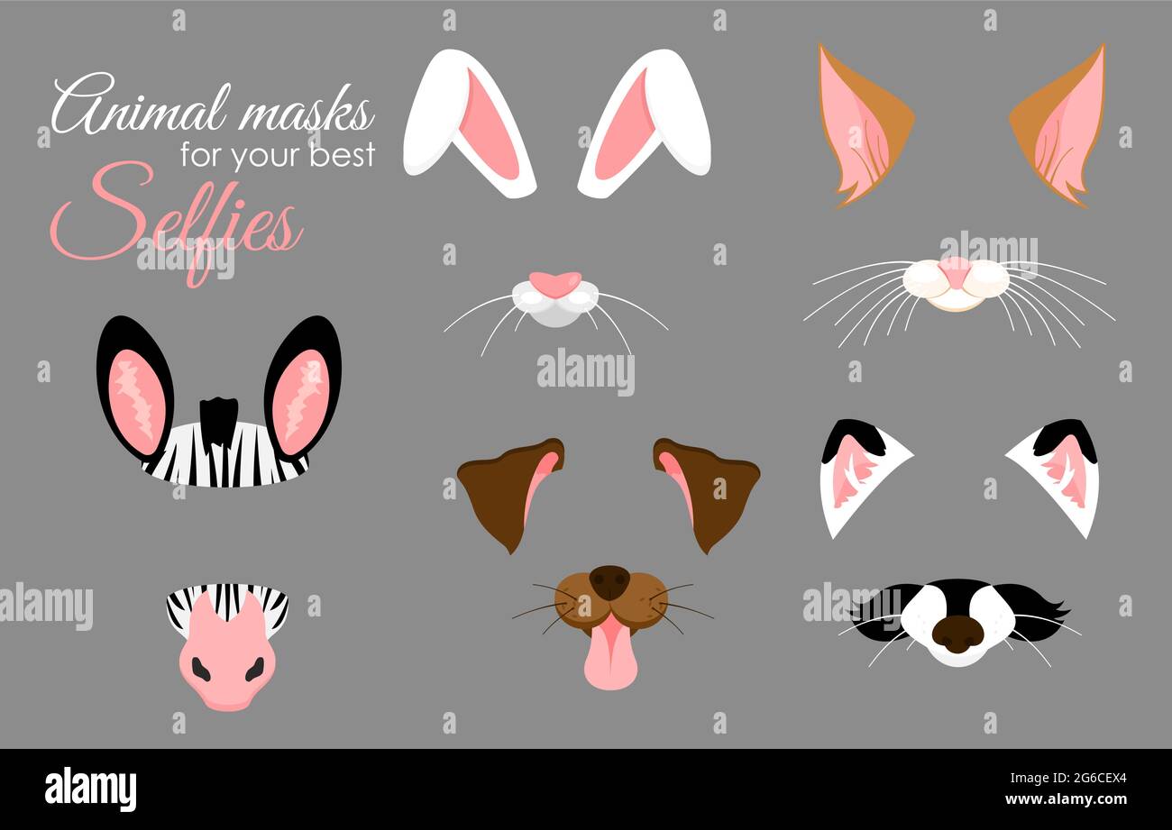 Ensemble d'illustrations vectorielles d'oreilles d'animaux mignons et de masques pour selfies, images et effets vidéo. Animaux amusants visages de zébra, lapin, chien, chat et Illustration de Vecteur