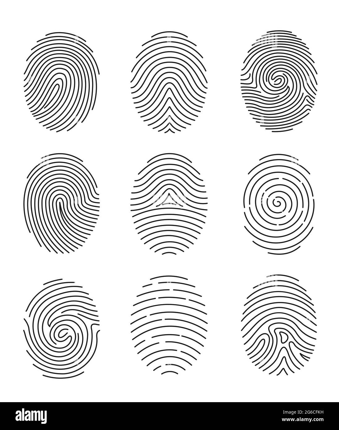 Ensemble d'illustrations vectorielles de neuf types d'empreintes digitales à lignes noires sur fond blanc. Illustration de Vecteur