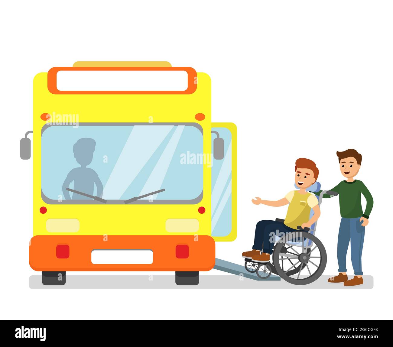 Illustration vectorielle de l'homme aidant l'homme handicapé dans un fauteuil roulant com dans le bus dans la station de bus dans le style de dessin animé plat. Illustration de Vecteur