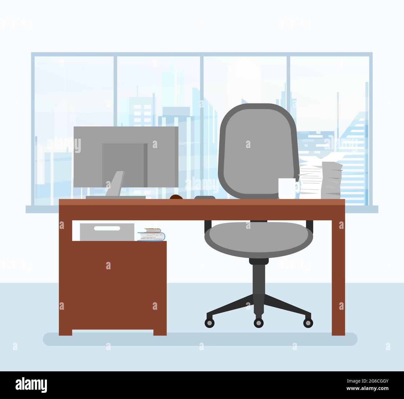 Illustration vectorielle d'un lieu de travail moderne dans un bureau avec ordinateur de style plat. Illustration de Vecteur Illustration vectorielle d'un lieu de travail moderne dans un bureau avec ordinateur de style plat. Illustration de Vecteur