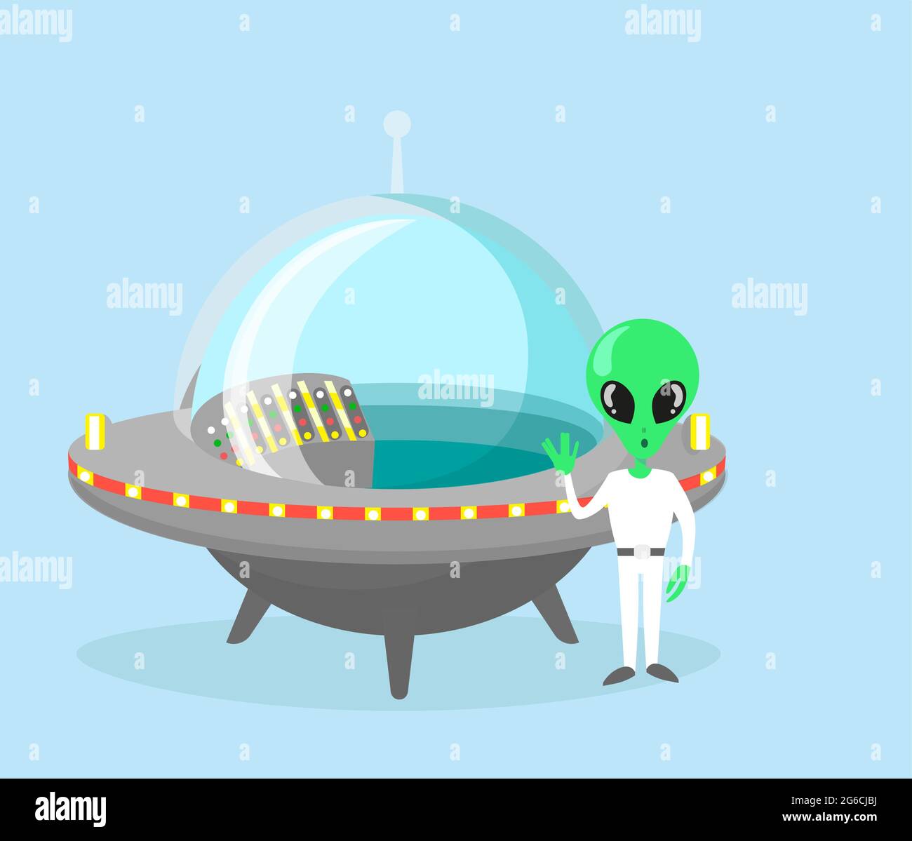 Illustration vectorielle de caractère extraterrestre mignon et agréable avec vaisseau spatial sur fond bleu clair. Illustration de Vecteur