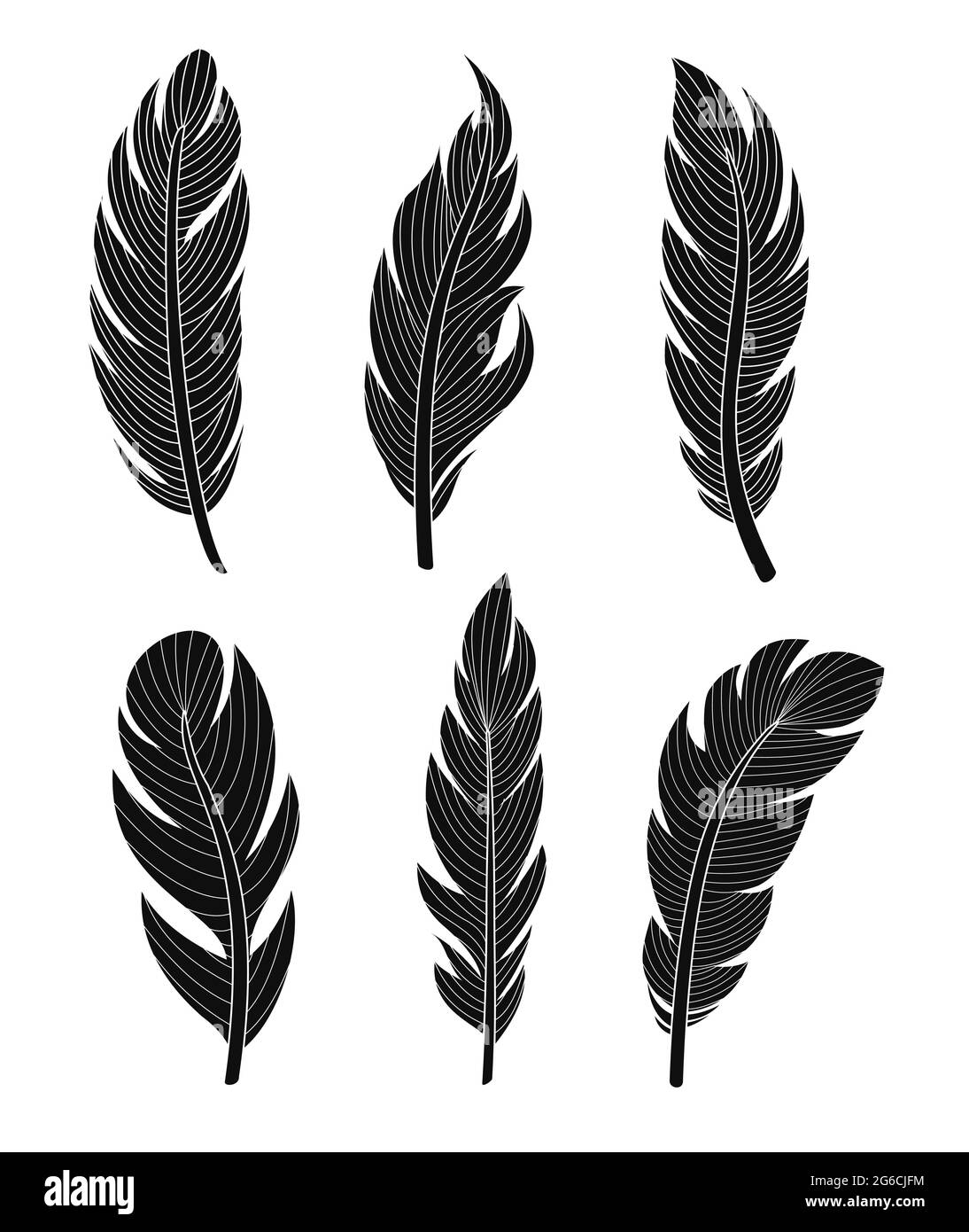 Ensemble d'illustrations vectorielles de six plumes silhouettes élégantes sur fond blanc pour votre conception et votre décoration. Illustration de Vecteur