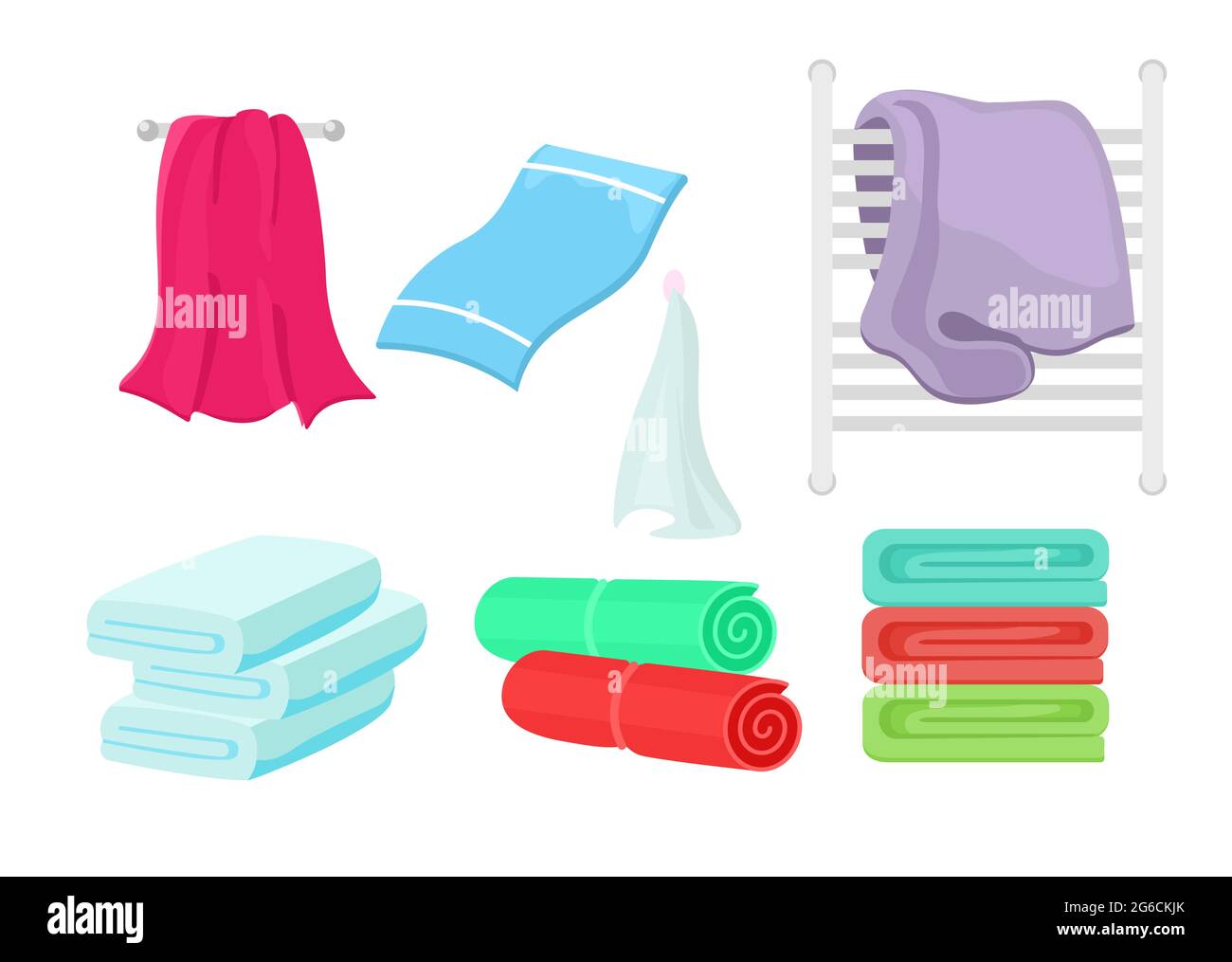 Ensemble de serviettes de dessin animé colorées pour illustrations vectorielles. Collection de serviettes en tissu pour le bain, l'hygiène. Illustration de Vecteur
