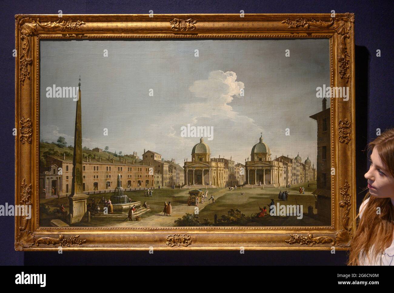 Bonhams, Londres, Royaume-Uni. 5 juillet 2021. La semaine des classiques à Bonhams comprend la vente des peintures de l'ancien Maître le 7 juillet. Image: Cercle de Bernardo Bellotto (né Venise 1720-1780 Varsovie). La Piazza del Popolo, Rome, estimation: £15,000-20,000. Crédit : Malcolm Park/Alay Live News Banque D'Images