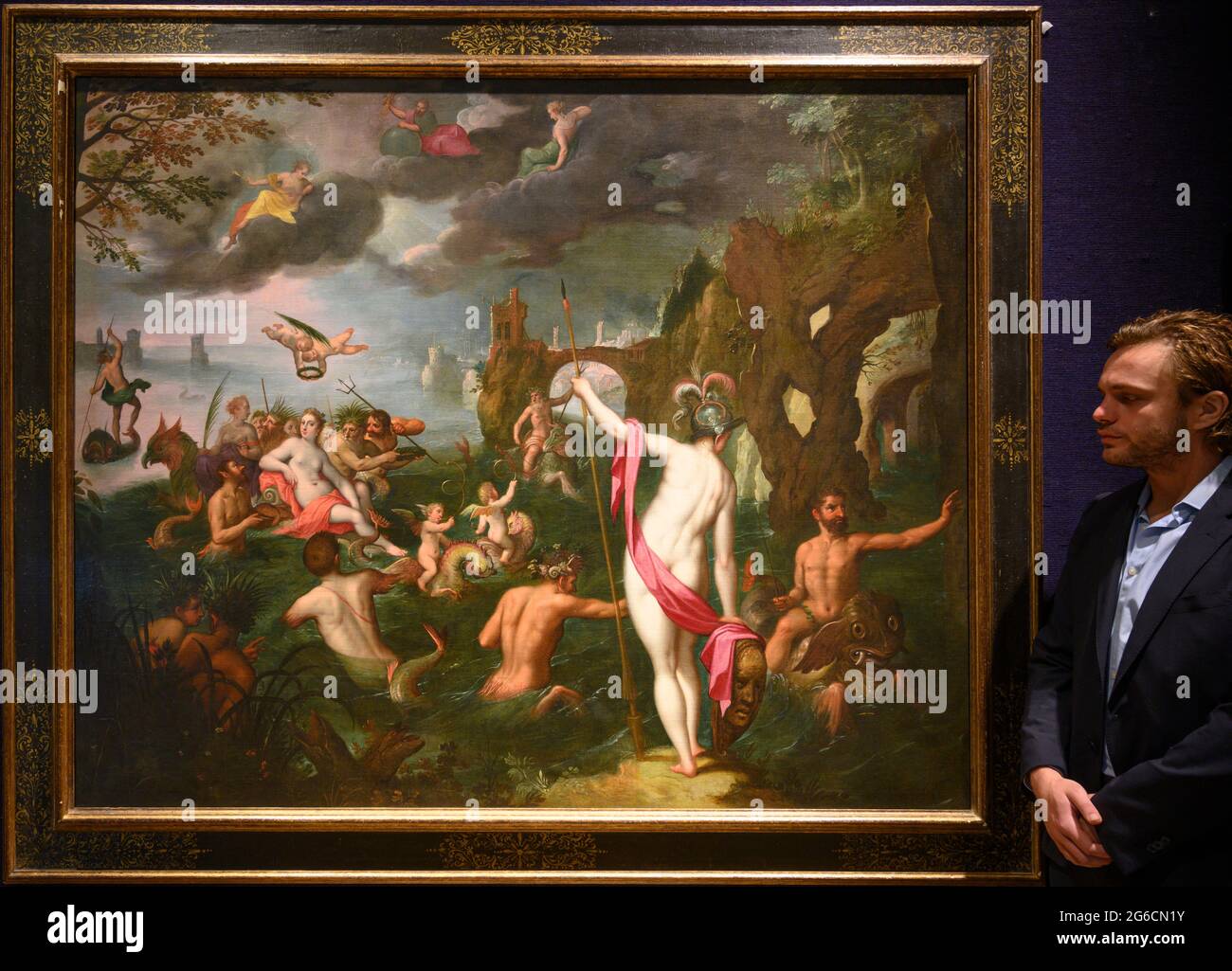 Bonhams, Londres, Royaume-Uni. 5 juillet 2021. La semaine des classiques à Bonhams comprend la vente des peintures de l'ancien Maître le 7 juillet. Image: Cercle de Hans Rottenhammer I (Munich 1564-1625 Augsbourg). Préparation pour le mariage de Neptune et Amphitrite. Estimation: £50,000-70,000. Crédit : Malcolm Park/Alay Live News Banque D'Images
