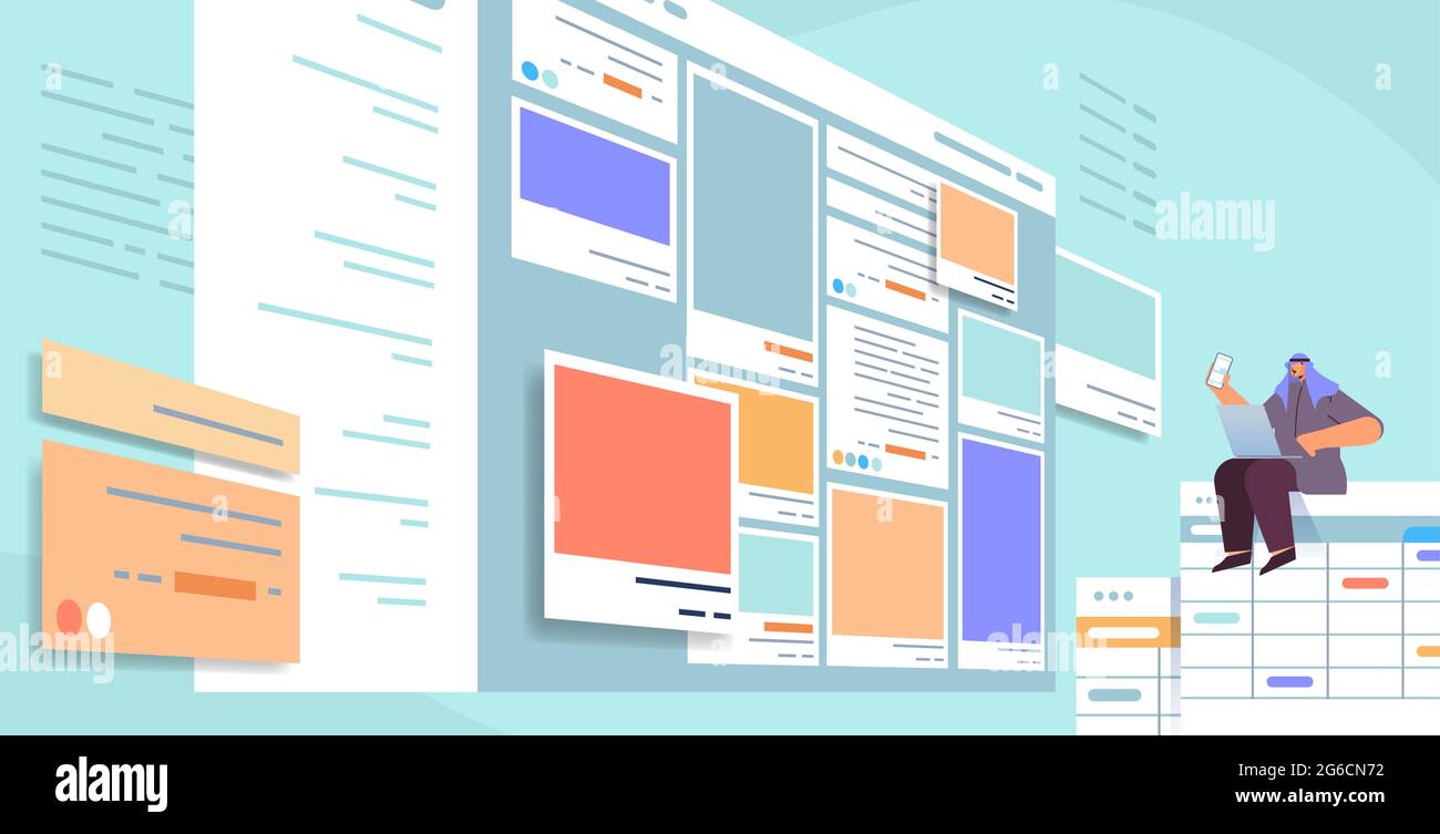 développeur utilisant un smartphone pour créer une interface d'interface utilisateur d'application mobile optimisation du logiciel du programme de développement d'application web Illustration de Vecteur