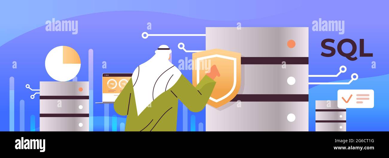arabe masculin admin travaillant avec dataserver langage de requête structuré SQL concept horizontal Illustration de Vecteur