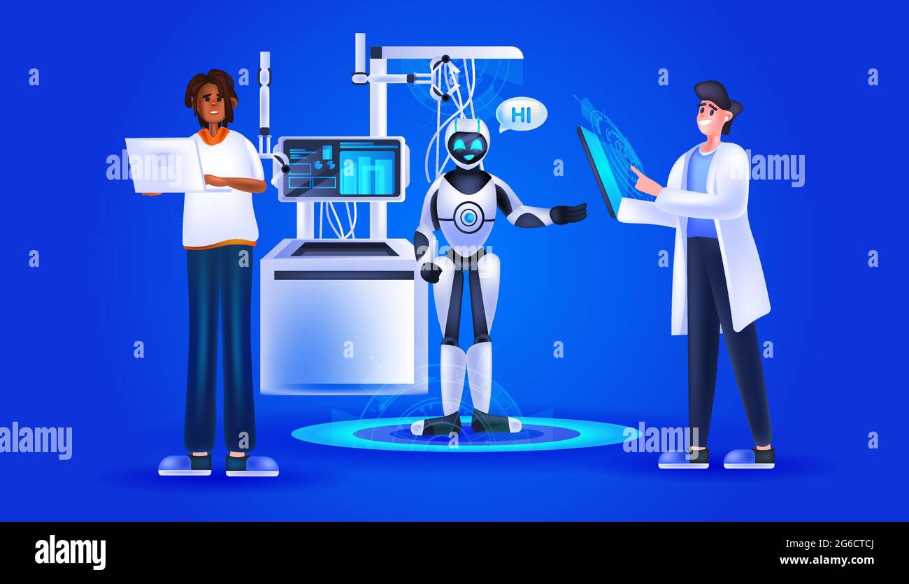 chercheurs contrôlant le joli robot cyborg avec le concept de technologie d'intelligence artificielle de haut discours Illustration de Vecteur