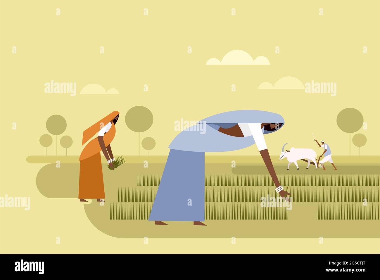 Titre Illustration de deux femmes plantant des semis et d'un homme labourant le champ avec des taureaux Illustration de Vecteur