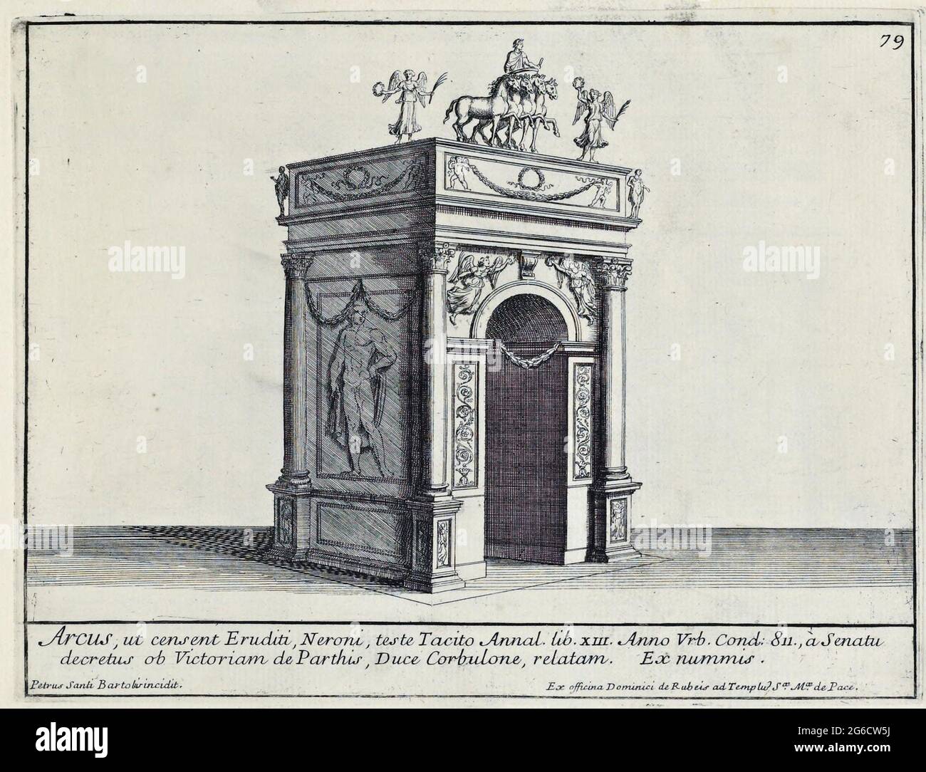 Arcus Domitiani Augusti ob Victoriam Germanucam ad Temprune Fortunae Redudis de quo Martialis, der Domitianbogen, nach einem Münzentwurf und einem Hinweis in einem Epigramm von Martial, aus Rossis Romanae Magnentininis Monumenta, historisches ROM, Italien, Anendore' Roma: Les splendeurs de Rome, Circa 1625 / Rome historique, Italie, Arcus Domitiani Augusti ob Victoriam Germanucam ad Temprune Fortunae Redudis de quo Martialis, l'Arche de Domitian, à la suite d'un dessin d'une pièce et d'une référence dans l'un des épigrammes de Martial, de Romanae Magninis Monitumisch de Rossi, historien Banque D'Images