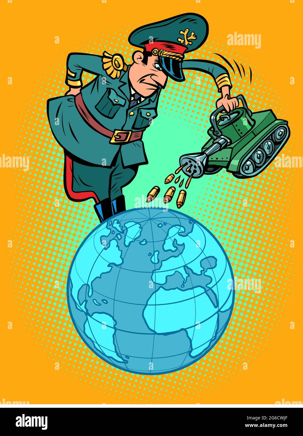 Le général militariste abreute la planète Terre de guerre, les armes et les obus du réservoir se déversent comme de l'eau Illustration de Vecteur