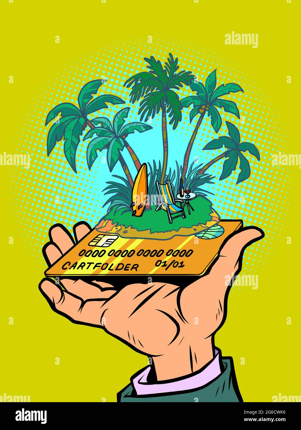 île tropicale avec parasol et transat, carte de crédit ou de débit Illustration de Vecteur