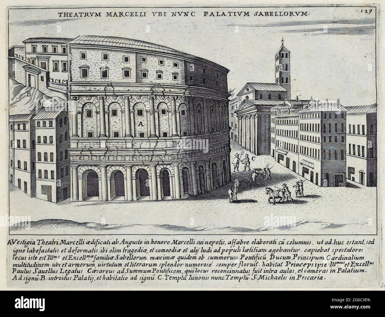 Theatrum Marcelli ubi nunc Palatium Sabellorem, Das Theatre des Marcellus wurde 44 v. CH. Von Julius Caesar begnen, der ein größeres und prächtigeres Theatre als das des gerade besiegten Pompejus errichten wolte, historisches ROM, Italien, Splendore dell'Antica Roma: Les splendeurs de Rome, Circa 1625 / Rome historique, Italie, Theatrum Marcelli ubi nunc Palatium Sabellorem, le Théâtre de Marcellus a été commencé en 44 av. J.-C. par Julius Caesar, Qui voulait créer un théâtre plus grand et plus grand que celui construit par le repro numérique, historique et amélioré de Pompey récemment vaincu Banque D'Images