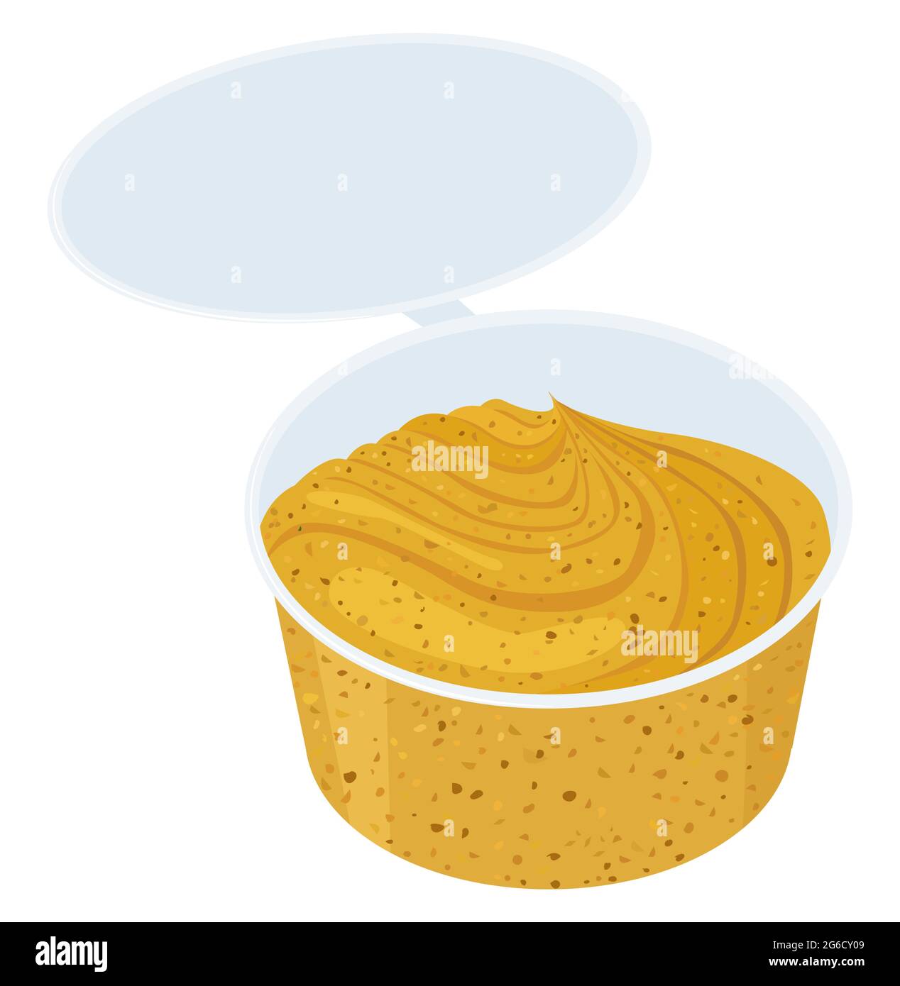 Sauce à la moutarde dans un petit bol en plastique sur fond blanc, délicieux condiment de nourriture de dessin animé. Illustration vectorielle. Illustration de Vecteur