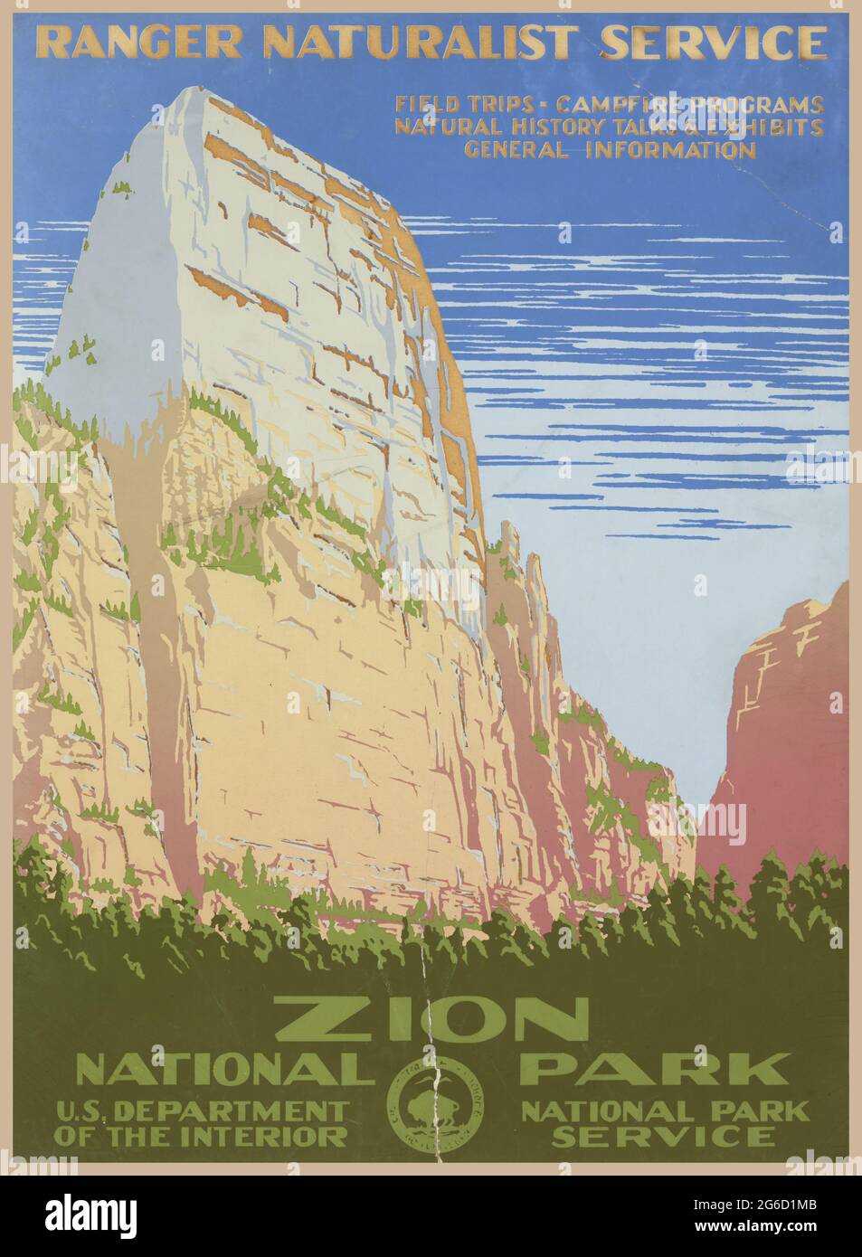 Zion National Park Ranger Naturaliste style vintage Voyage affiche 1938 Banque D'Images