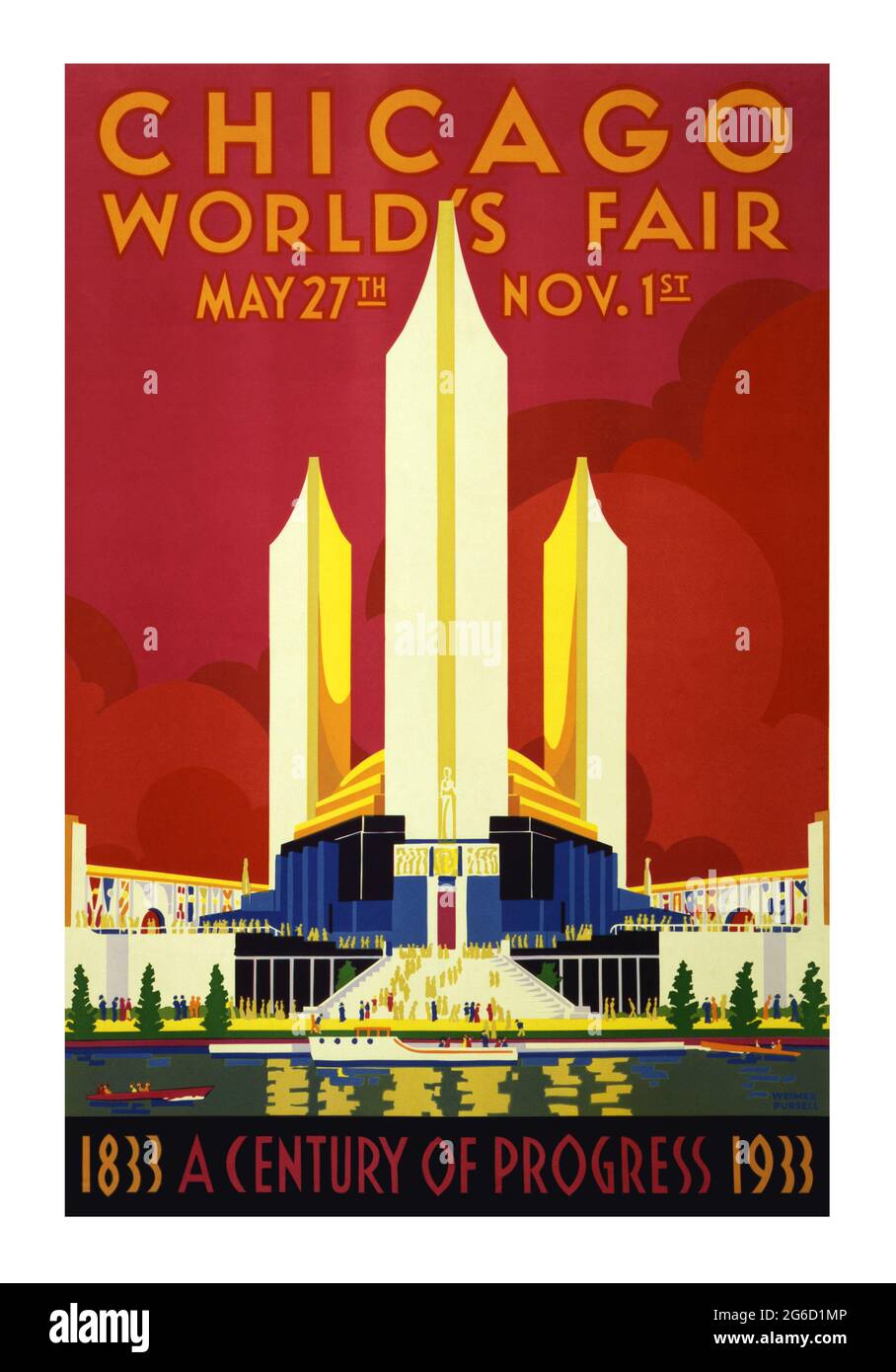 Un siècle d'exposition internationale Progress, également connue sous le nom de Chicago World's Fair. Affiche de Chicago 1933. Innovation technologique. Banque D'Images