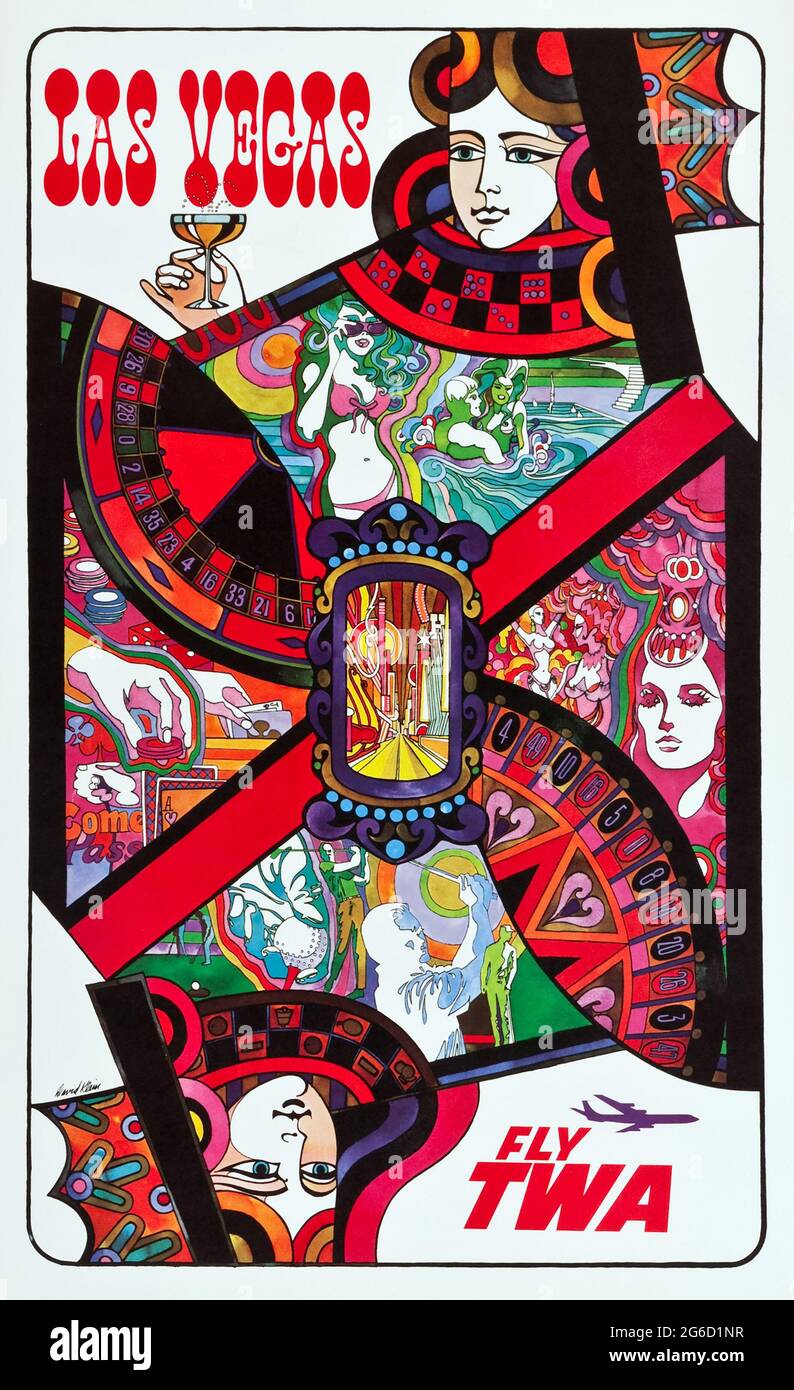 TWA Las Vegas Travel Poster (années 1960) carte à jouer Queen – illustration David Klein. années 1960. Banque D'Images TWA Las Vegas Travel Poster (années 1960) carte à jouer Queen – illustration David Klein. années 1960. Banque D'Images