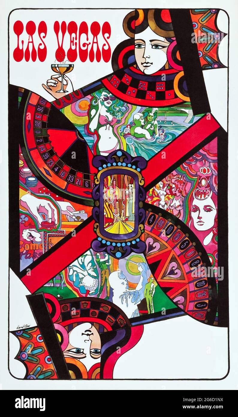TWA Las Vegas Travel Poster (années 1960) carte à jouer Queen – illustration David Klein. années 1960. (Logo TWA supprimé-version). Banque D'Images TWA Las Vegas Travel Poster (années 1960) carte à jouer Queen – illustration David Klein. années 1960. (Logo TWA supprimé-version). Banque D'Images